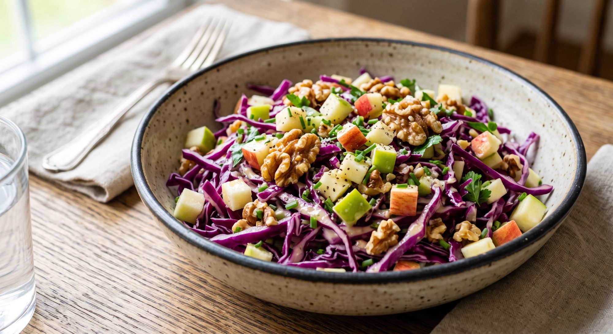 Salade de chou rouge cru &eacute;minc&eacute; avec d&eacute;s de pomme verte et cerneaux de noix